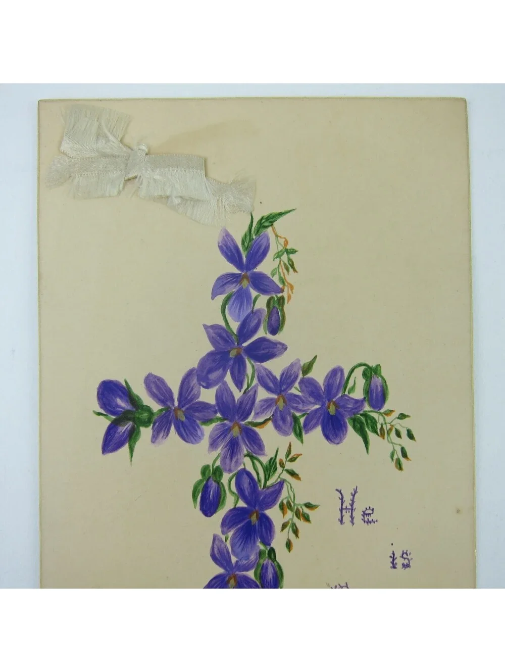 Victorian Greeting Card Easter Purple Flowers Christian Cross Ribbon Gold Edge